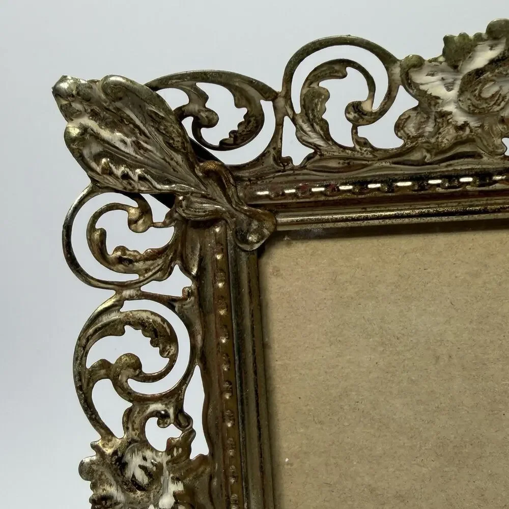 Vtg Brass Gold White Filigree Picture Photo Frame 5x7 Metal Ornate Regency